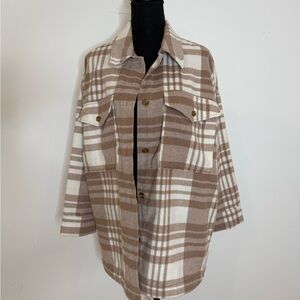 Banana Republic Plaid Shacket Jacket Petite Medium Neutral Tan Brown w/ Pockets